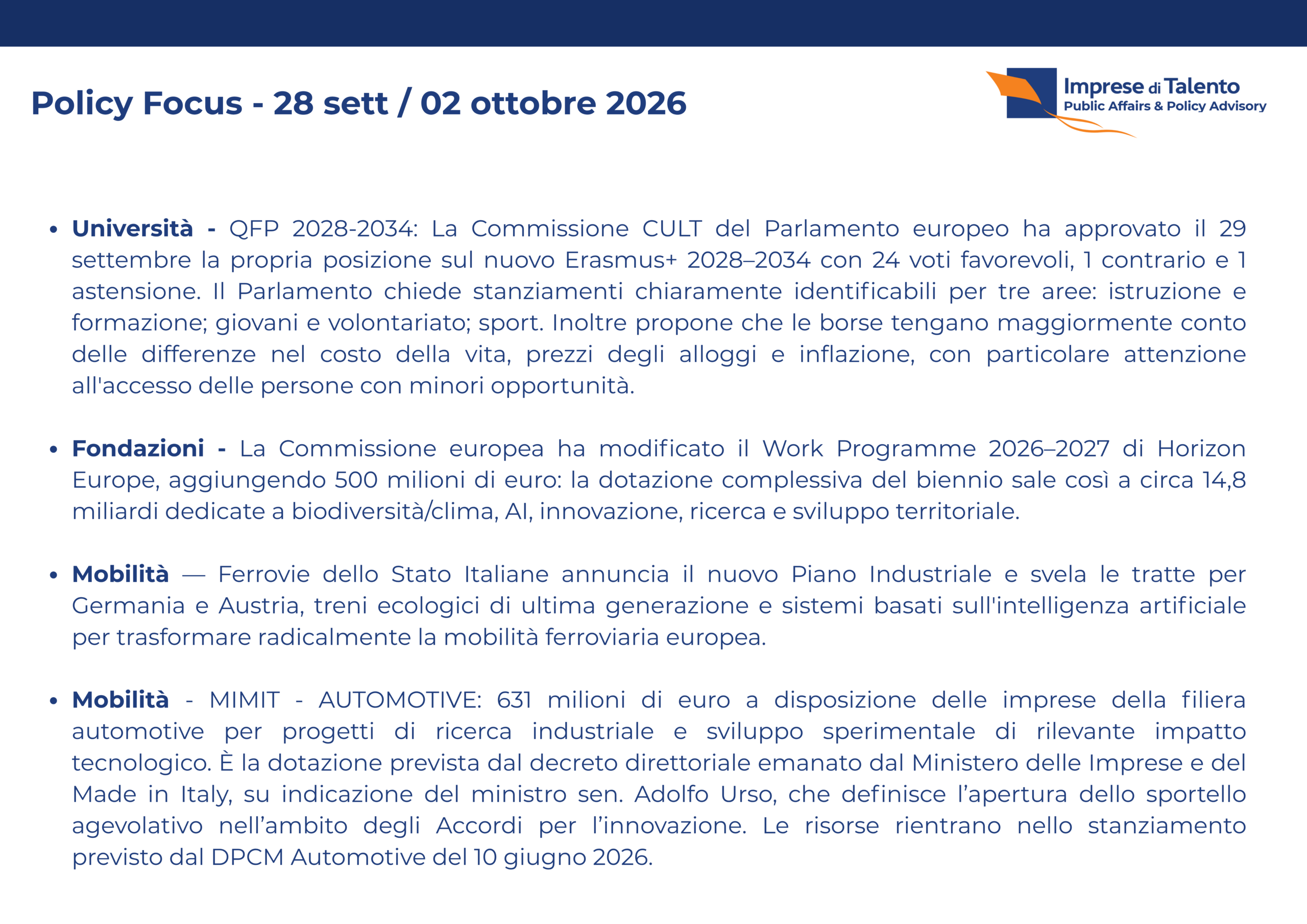 Policy Focus - 28 settembre - 02 ottobre